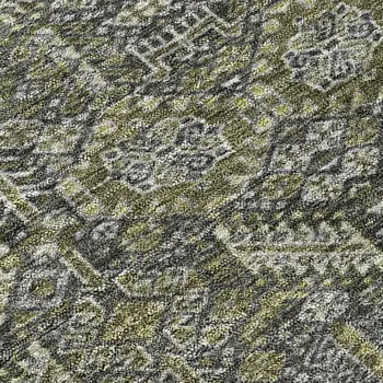 8' Runner Moss Green and Gray Floral Washable Non Skid Indoor Outdoor Runner Rug