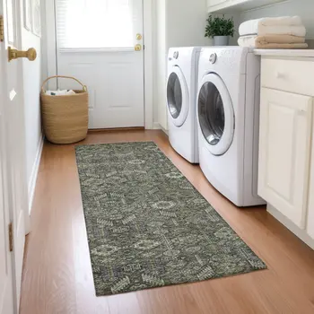8' Runner Moss Green and Gray Floral Washable Non Skid Indoor Outdoor Runner Rug