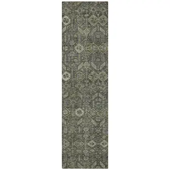 8' Runner Moss Green and Gray Floral Washable Non Skid Indoor Outdoor Runner Rug