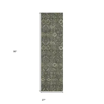 8' Runner Moss Green and Gray Floral Washable Non Skid Indoor Outdoor Runner Rug