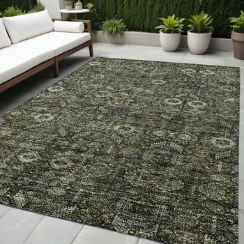 5' X 8' Moss Green And Gray Floral Washable Indoor Outdoor Area Rug