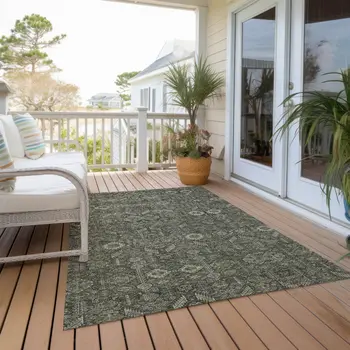 5' X 8' Moss Green And Gray Floral Washable Indoor Outdoor Area Rug