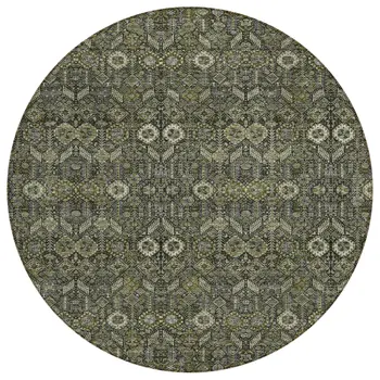 8' Round Moss Green and Gray Round Floral Washable Non Skid Indoor Outdoor Area Rug