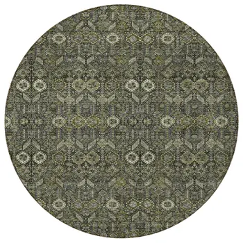 8' Round Moss Green and Gray Round Floral Washable Non Skid Indoor Outdoor Area Rug