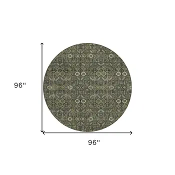 8' Round Moss Green and Gray Round Floral Washable Non Skid Indoor Outdoor Area Rug