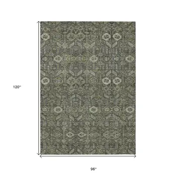 8' X 10' Moss Green and Gray Floral Washable Non Skid Indoor Outdoor Area Rug