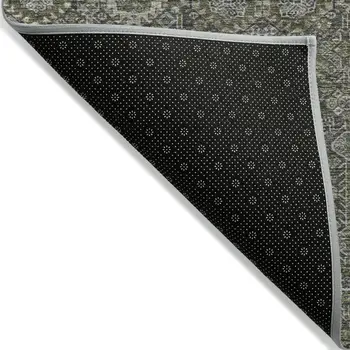 8' X 10' Moss Green and Gray Floral Washable Non Skid Indoor Outdoor Area Rug