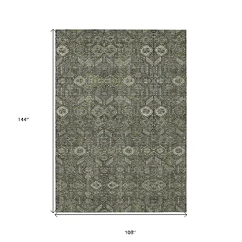 9' X 12' Moss Green And Gray Floral Washable Indoor Outdoor Area Rug