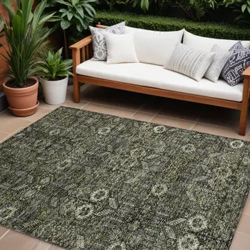 10' X 14' Moss Green And Gray Floral Washable Indoor Outdoor Area Rug