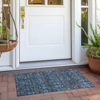 2' X 3' Blue and Coffee Floral Washable Non Skid Indoor Outdoor Area Rug