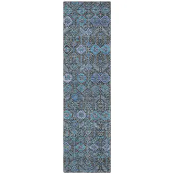 8' Runner Blue and Coffee Floral Washable Non Skid Indoor Outdoor Runner Rug