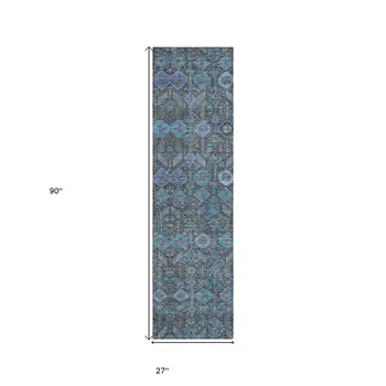 8' Runner Blue and Coffee Floral Washable Non Skid Indoor Outdoor Runner Rug