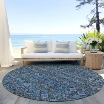 8' X 8' Teal Round Tribal Washable Indoor Outdoor Area Rug