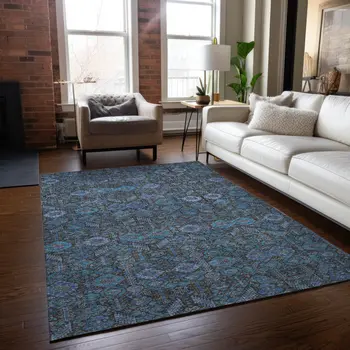 8' X 10' Teal Tribal Washable Indoor Outdoor Area Rug