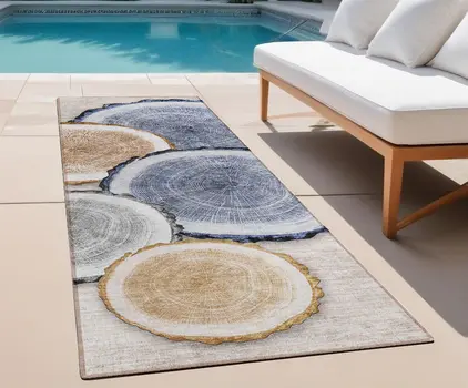8' Beige Blue And Gold Faux Bois Washable Indoor Outdoor Runner Rug