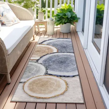 8' Beige Blue And Gold Faux Bois Washable Indoor Outdoor Runner Rug