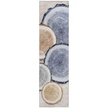 8' Beige Blue And Gold Faux Bois Washable Indoor Outdoor Runner Rug