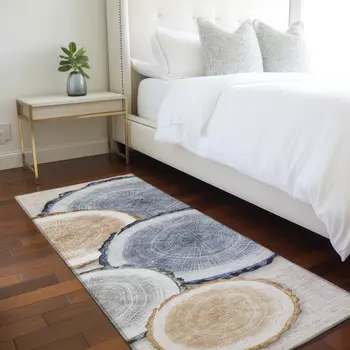 8' Beige Blue And Gold Faux Bois Washable Indoor Outdoor Runner Rug