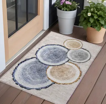 3' X 5' Beige Blue and Gold Faux Bois Washable Non Skid Indoor Outdoor Area Rug