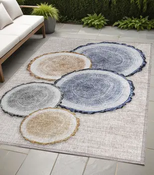 5' X 8' Beige Blue And Gold Faux Bois Washable Indoor Outdoor Area Rug