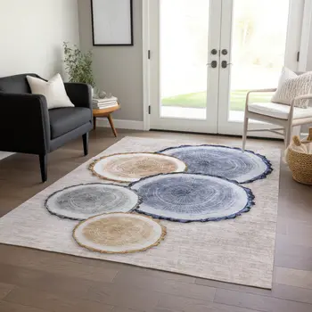 5' X 8' Beige Blue And Gold Faux Bois Washable Indoor Outdoor Area Rug