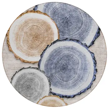 8' Round Beige Blue and Gold Round Faux Bois Washable Non Skid Indoor Outdoor Area Rug