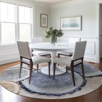8' Round Beige Blue and Gold Round Faux Bois Washable Non Skid Indoor Outdoor Area Rug