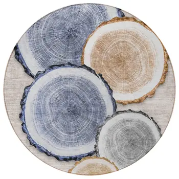 8' Round Beige Blue and Gold Round Faux Bois Washable Non Skid Indoor Outdoor Area Rug