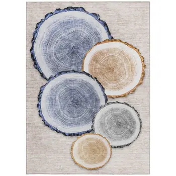 9' X 12' Beige Blue and Gold Faux Bois Washable Non Skid Indoor Outdoor Area Rug