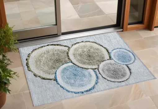 2' X 3' Blue Gold and Gray Faux Bois Washable Non Skid Indoor Outdoor Area Rug
