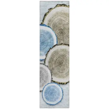 8' Runner Blue Gold and Gray Faux Bois Washable Non Skid Indoor Outdoor Runner Rug