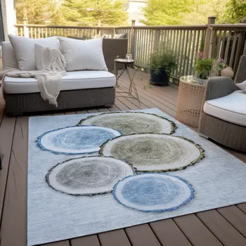 5' X 8' Blue Gold and Gray Faux Bois Washable Non Skid Indoor Outdoor Area Rug