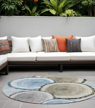 8' Round Blue Gold and Gray Round Faux Bois Washable Non Skid Indoor Outdoor Area Rug