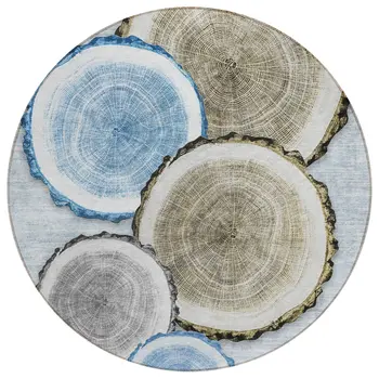 8' Round Blue Gold and Gray Round Faux Bois Washable Non Skid Indoor Outdoor Area Rug