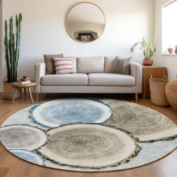 8' Round Blue Gold and Gray Round Faux Bois Washable Non Skid Indoor Outdoor Area Rug