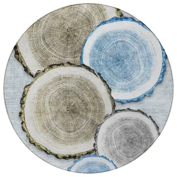 8' Round Blue Gold and Gray Round Faux Bois Washable Non Skid Indoor Outdoor Area Rug