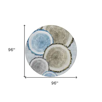 8' Round Blue Gold and Gray Round Faux Bois Washable Non Skid Indoor Outdoor Area Rug
