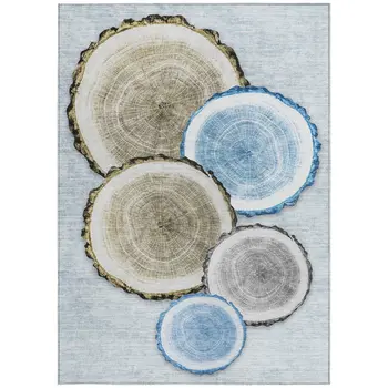9' X 12' Blue Gold and Gray Faux Bois Washable Non Skid Indoor Outdoor Area Rug