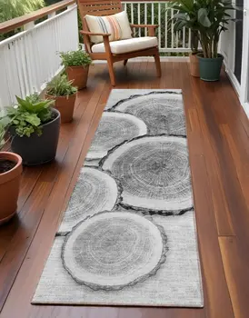8' Runner Gray and Black Faux Bois Washable Non Skid Indoor Outdoor Runner Rug