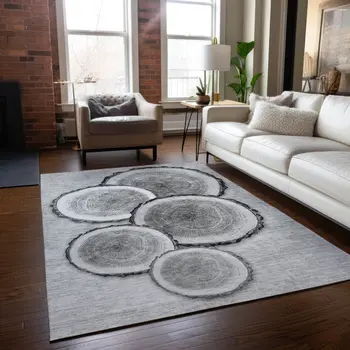 5' X 8' Gray and Black Faux Bois Washable Non Skid Indoor Outdoor Area Rug