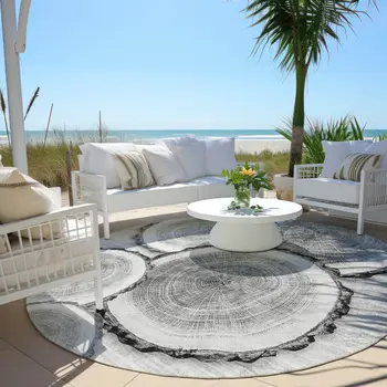 8' Round Gray and Black Round Faux Bois Washable Non Skid Indoor Outdoor Area Rug