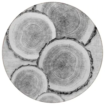 8' Round Gray and Black Round Faux Bois Washable Non Skid Indoor Outdoor Area Rug