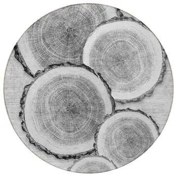 8' Round Gray and Black Round Faux Bois Washable Non Skid Indoor Outdoor Area Rug