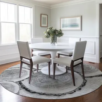 8' Round Gray and Black Round Faux Bois Washable Non Skid Indoor Outdoor Area Rug