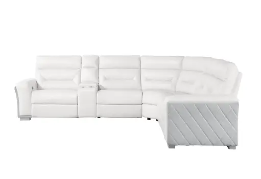 Gray And White Faux Leather Power Reclining Curved Corner Sectional With Console