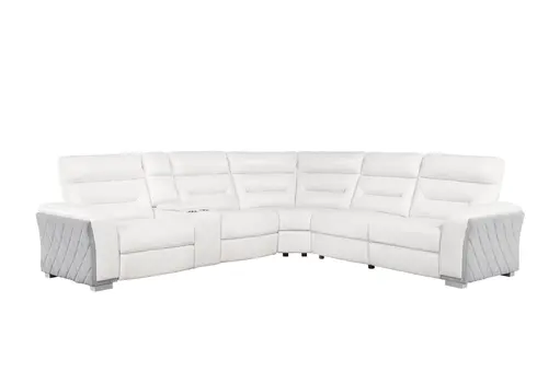 Gray And White Faux Leather Power Reclining Curved Corner Sectional With Console