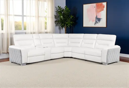 Gray And White Faux Leather Power Reclining Curved Corner Sectional With Console