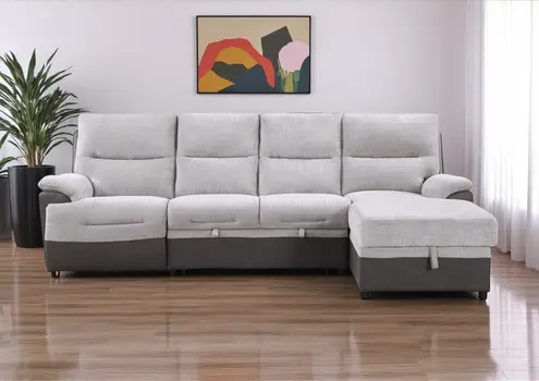 Beige And Brown Fabric Sleeper L Shaped Three Piece Sofa and Storage Chaise Sectional