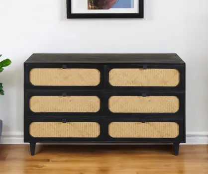 56" Black And Natural Solid Wood And Rattan Six Drawer Double Dresser