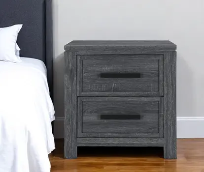 25" Dark Gray Solid and Manufactured Wood Distressed Two Drawer Nightstand